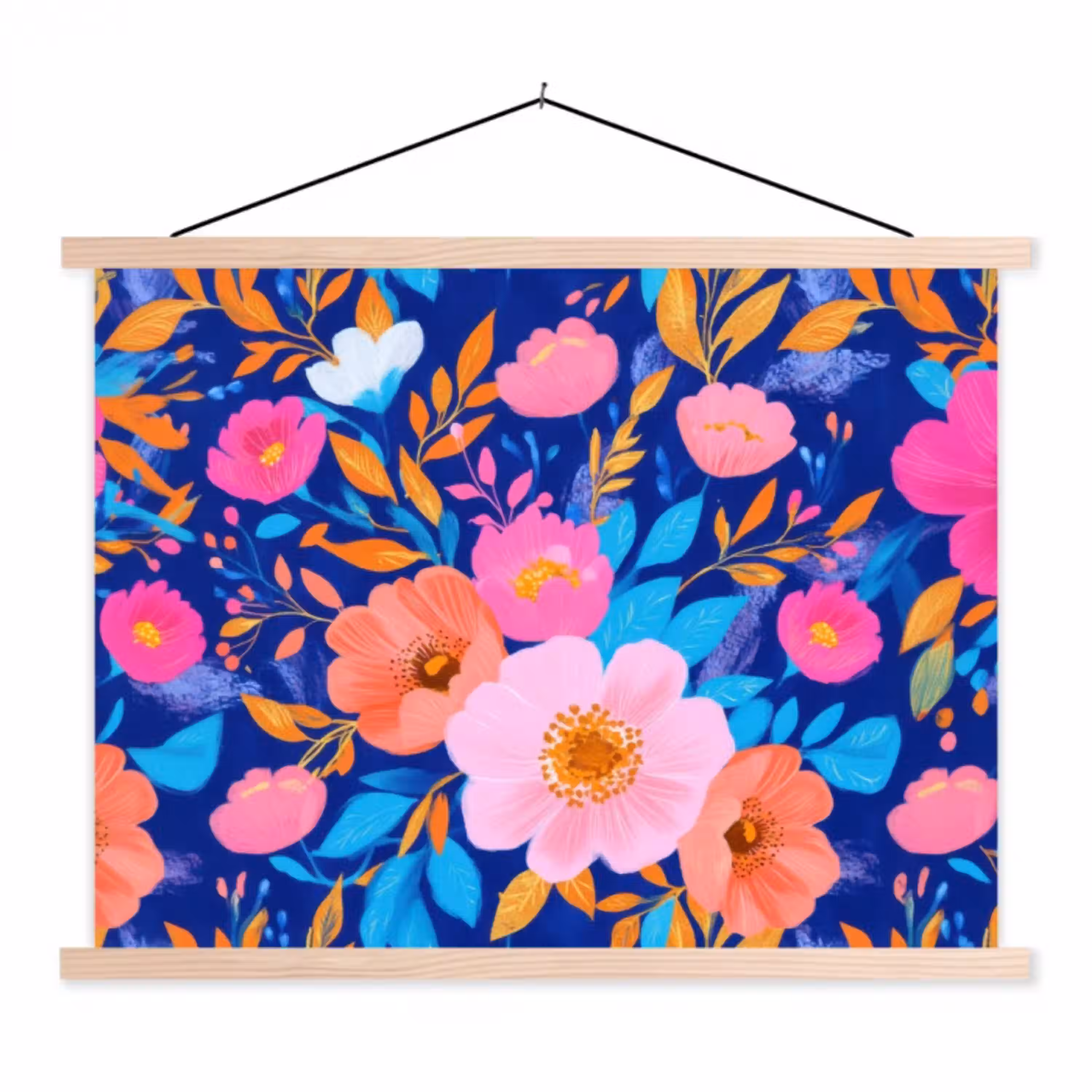 Bloemen - Blauw - Roze textielposter latten blank klein -3d