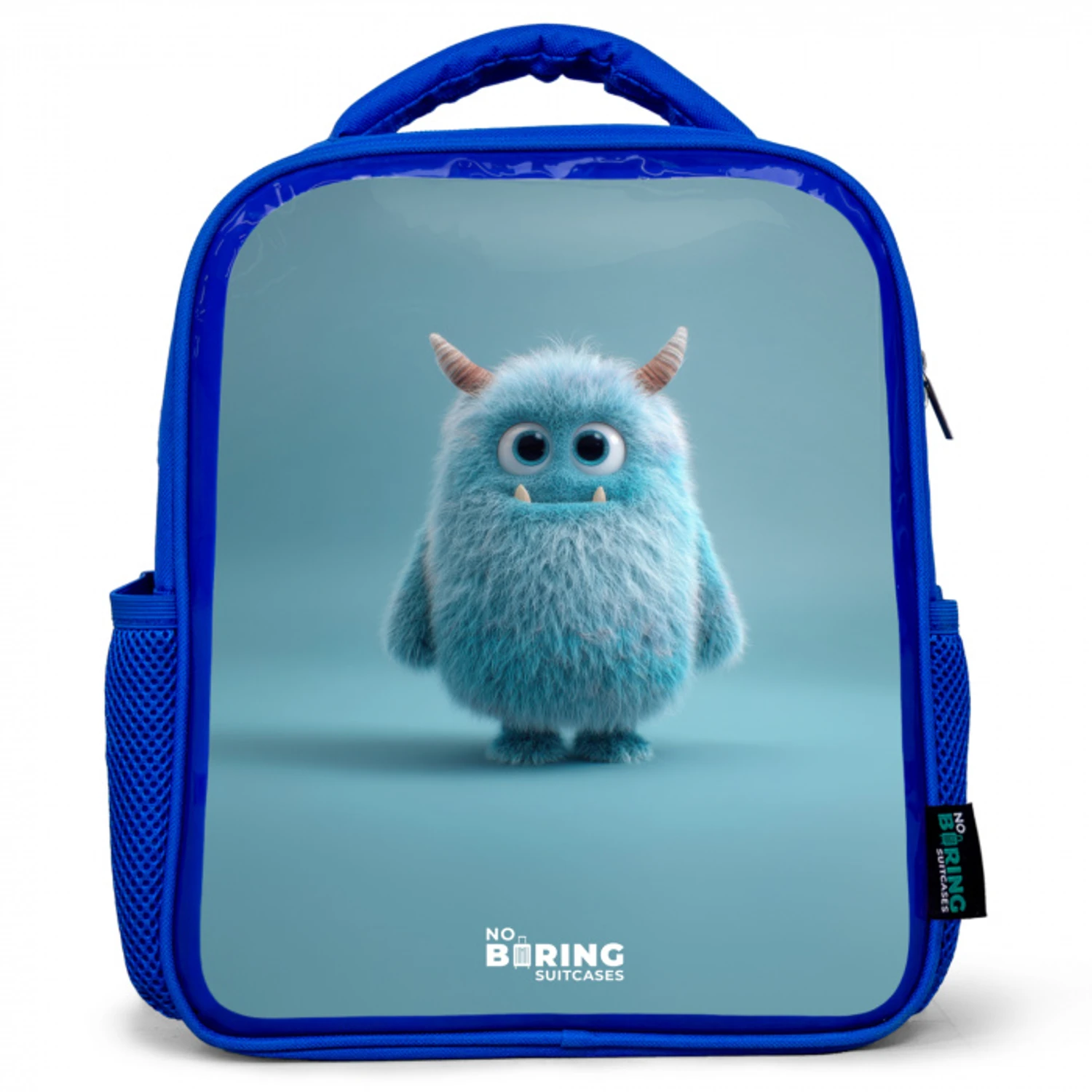 Blauw pluizig monster met hoorns Kinderrugzak - Blauw middel -3d