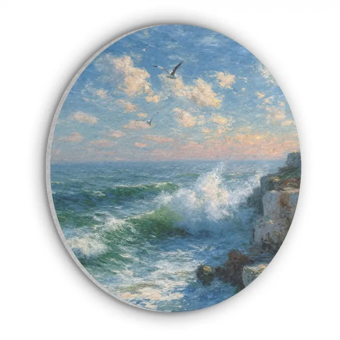 Zee - Golven - Rotsen - Meeuwen Akoestische PET Vilt - Rond klein -3d