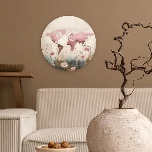 Wereldkaart - Roze - Bloemen Wandcirkel kunststof plaat 5mm dik klein -sfeer1