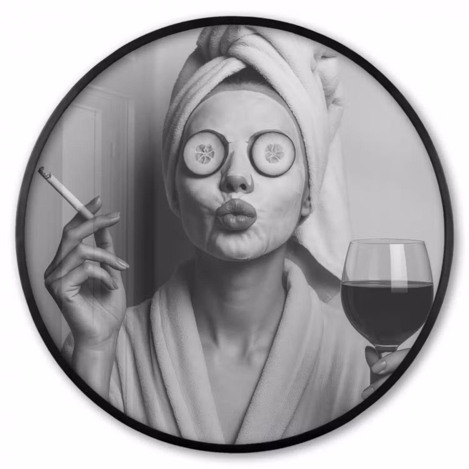 Poster im Rahmen Rund - Frau - Maske - Wein - Zigarette