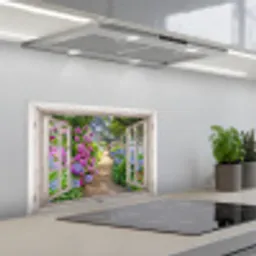 Landhuis omlijst door Hortensia's keuken achterwand spatscherm klein -3d_schuin