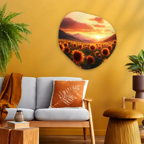 Zonnebloemen - Zonsondergang - Landschap Wandcirkel Organisch Plexiglas middel -sfeer4