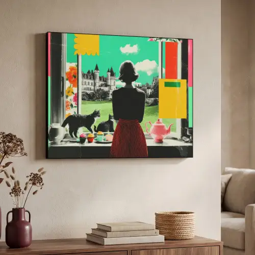 Vrouw - Keuken - Katten - Doorkijk Textielframe zwart klein -sfeer3