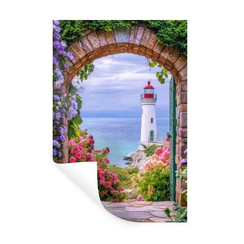 Doorkijk - Vuurtoren - Bloemen - Uitzicht Muursticker klein -3d