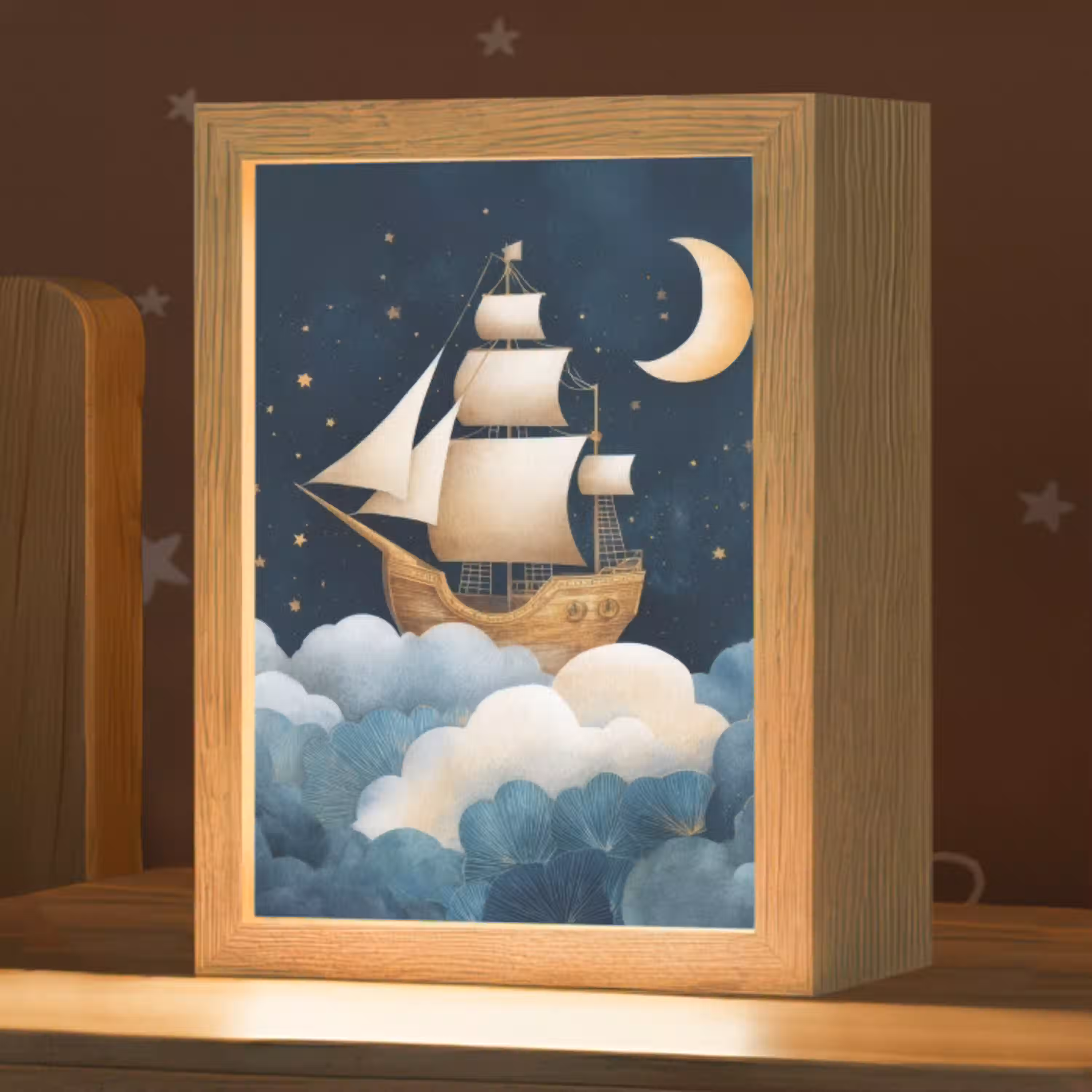 Zeilschip - Sterrenhemel - Wolken - Blauw Light Box met kabel klein -zzz_3d_website