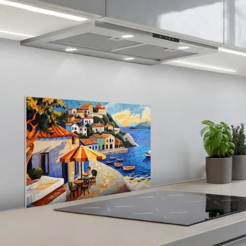 Kustdorp - Huisjes - Mozaïek - Zee keuken achterwand spatscherm klein -3d_schuin