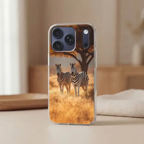 Zebra's - Savannelandschap - Gras Telefoonhoesje iPhone 17 Pro klein -sfeer2