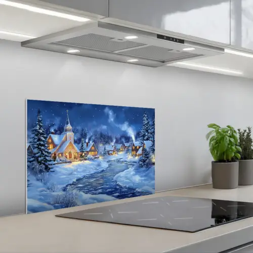 Winteravond - Kerstdorp - Donker keuken achterwand spatscherm klein -3d_schuin