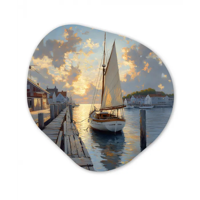 Zeilboot - Zon - Pier - Hout Wandcirkel Organisch Aluminium middel -3d