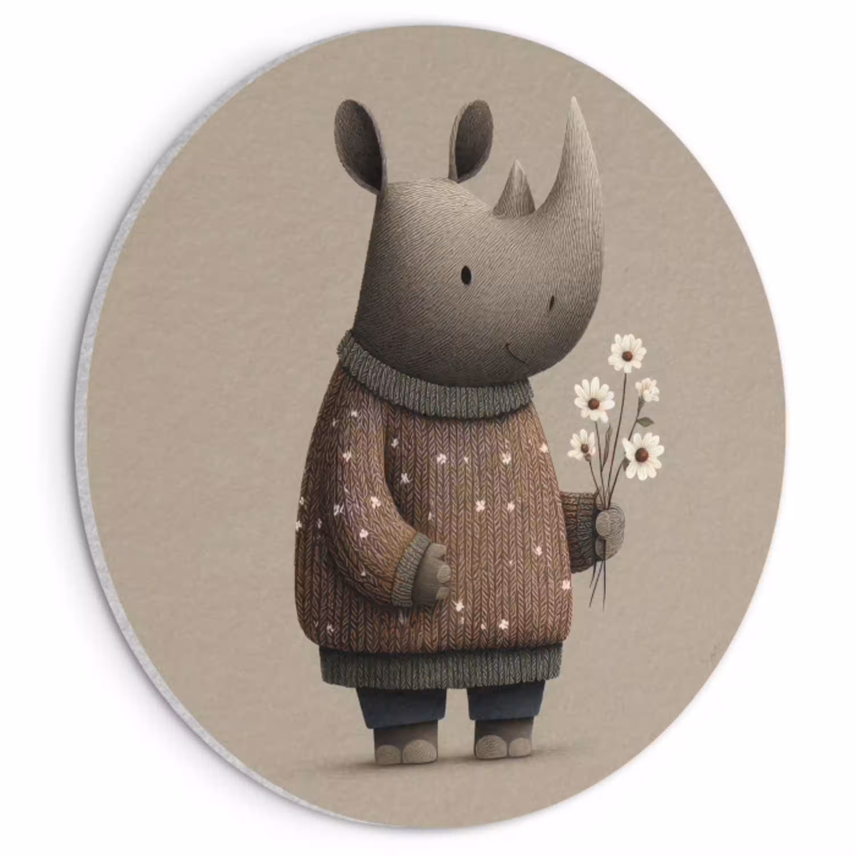 Neushoorn - Witte bloemen - Lief Akoestische PET Vilt - Rond klein -3d
