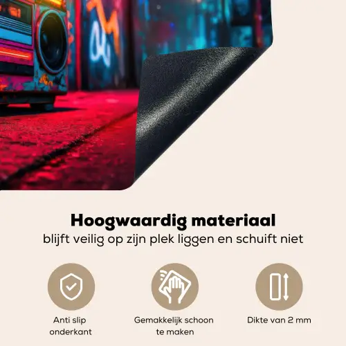 Boombox - Rood - Graffiti - Neon Inductie beschemer met haakjes klein -ky-onderkant-nl