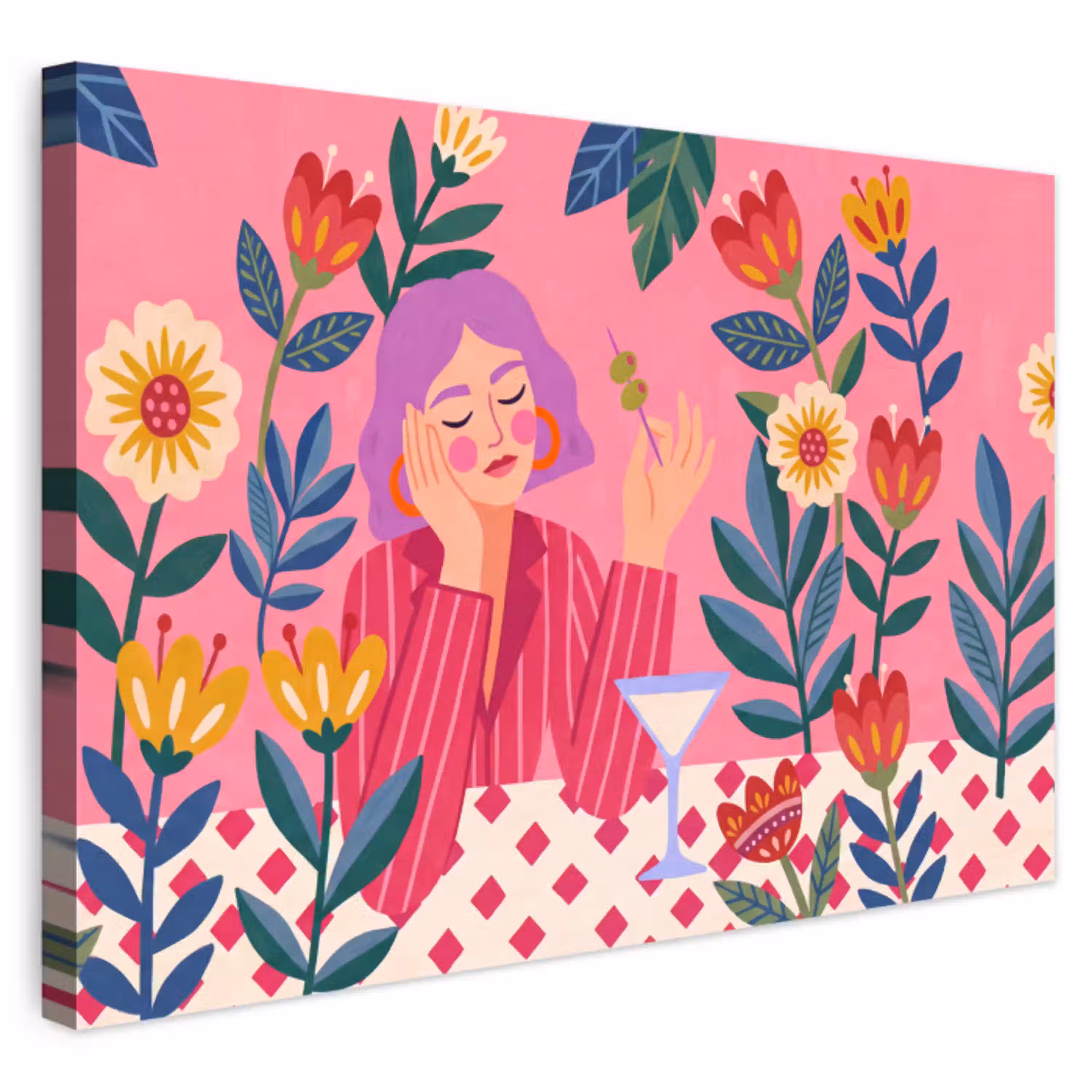 Vrouw - Cocktail - Bloemen - Modern - Roze Tuinposter op houten frame 2 cm dik klein -3d