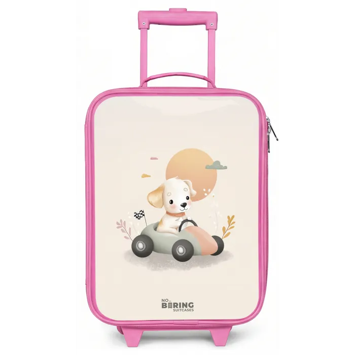 Puppy in een raceauto in beige kleuren Kinderkoffer - Roze klein -zz3dotto