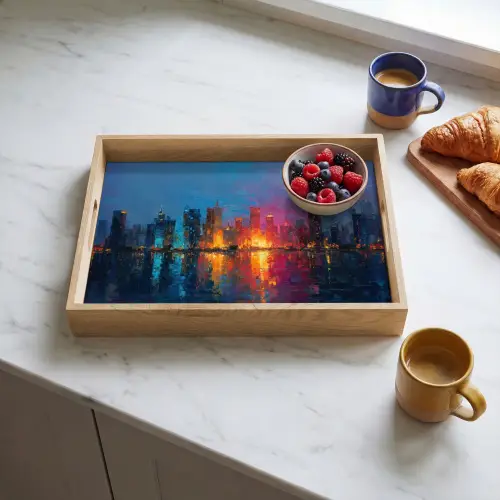 Skyline - Penseelstreken - Donkerblauw - Lichtgevend Dienblad Rechthoek middel -sfeer2