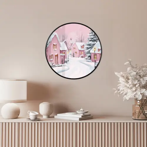 Kerstdorp - Roze - Winter - Sneeuw - Huizen Fotolijst rond zonder passe partout klein -sfeer3