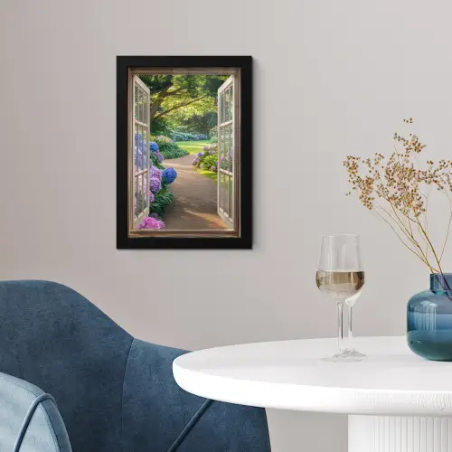 Doorkijk - Tuin - Raam - Hortensia - Bloemen fotolijst zwart zonder passe partout klein -sfeer4