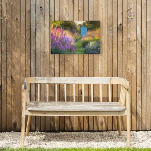 Tuinhuisje - Blauw - Bloemen Tuinposter op houten frame 2 cm dik klein -sfeer4