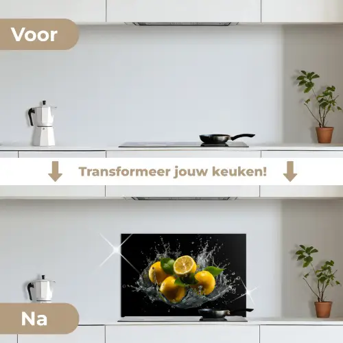 Citroen - Fruit - Geel - Zwart keuken achterwand spatscherm klein -voor_na_NL