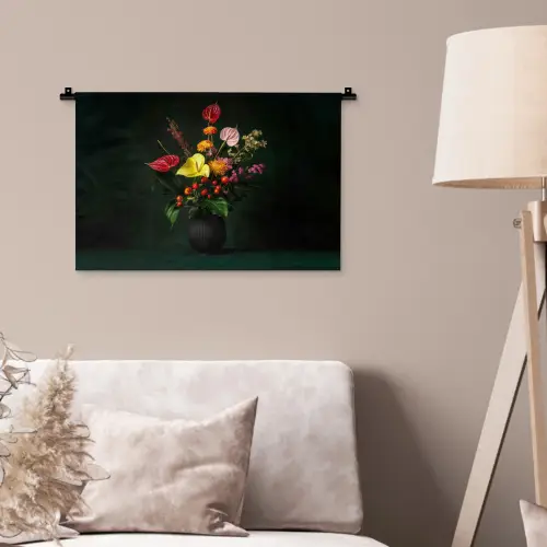 Bloemen - Vaas - Zwart Wandkleed katoen klein -sfeer4