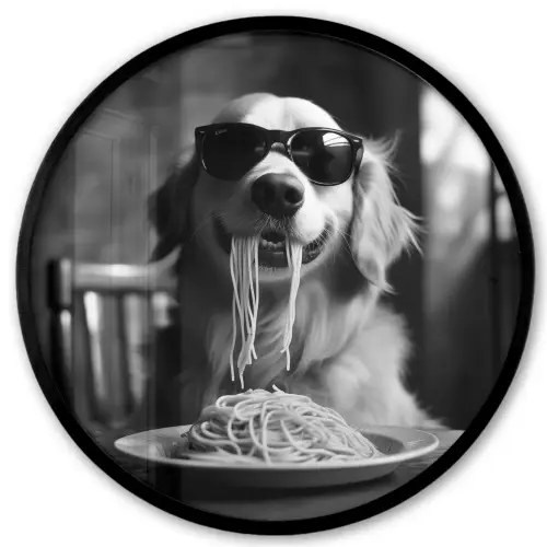Golden Retriever - Hond - Vrolijk -  Bord spaghetti - Zwart - wit Fotolijst rond zonder passe partout klein -3d