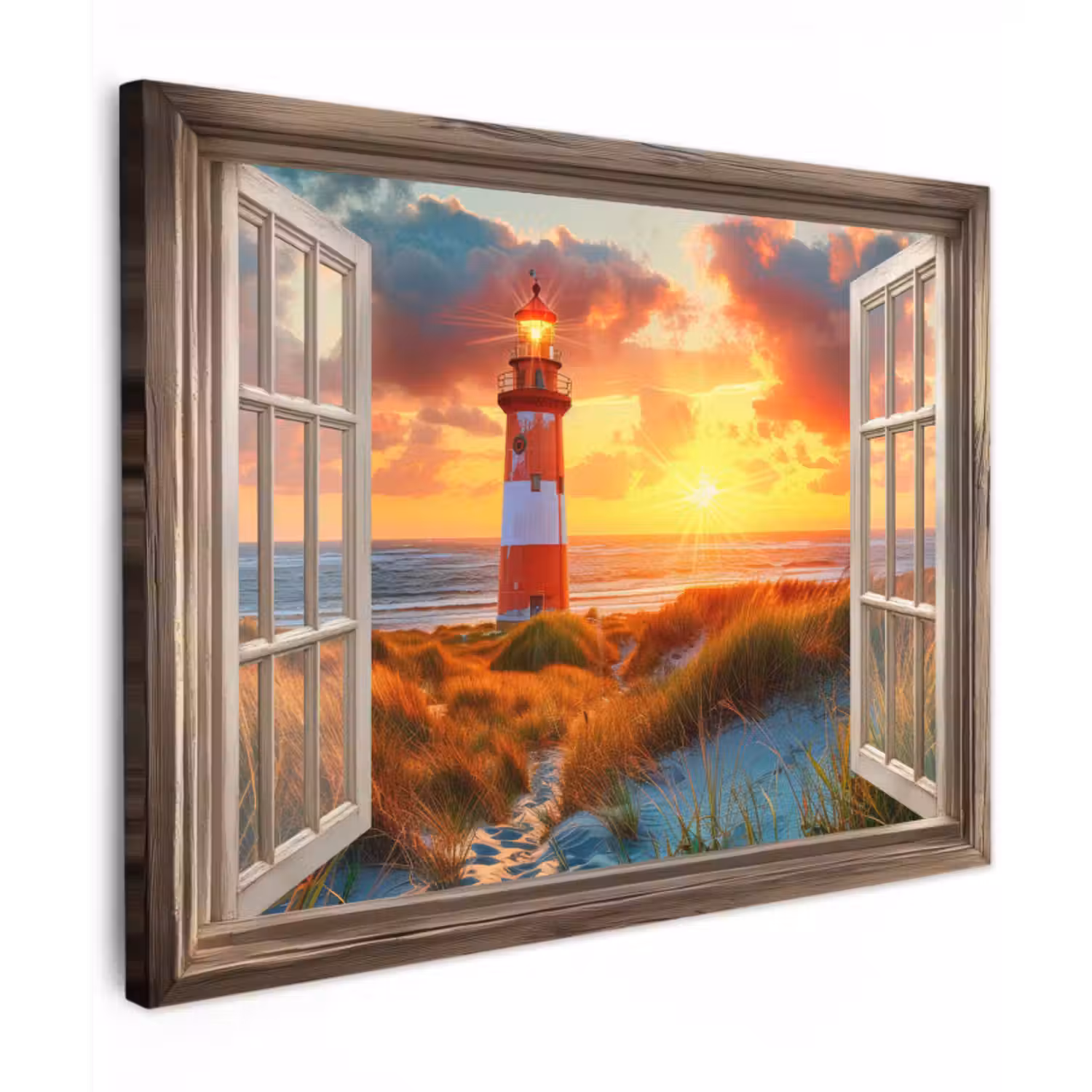 Canvas schilderij - Doorkijk - Raam - Vuurtoren - Zonsondergang - Strand