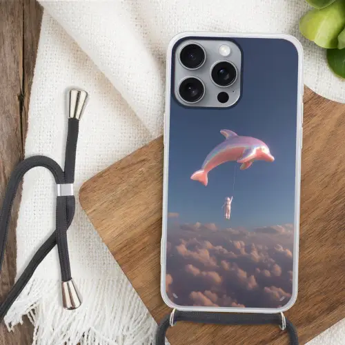 Dolfijn - Roze - Astronaut Hoesje iPhone 16 Pro Max met koord klein -sfeer4