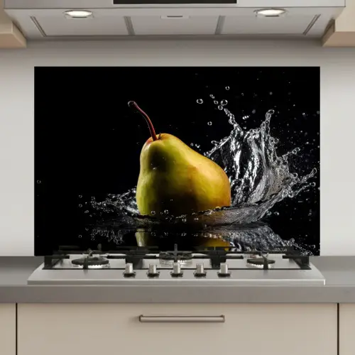 Peer - Fruit - Water - Zwart keuken achterwand spatscherm klein -3d_website