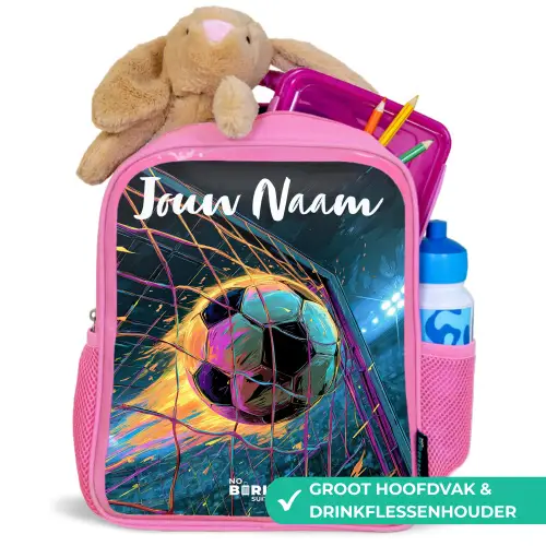 Neon - Net - Voetbal - Kleurrijk Kinderrugzak - Roze middel -inhoud_NL