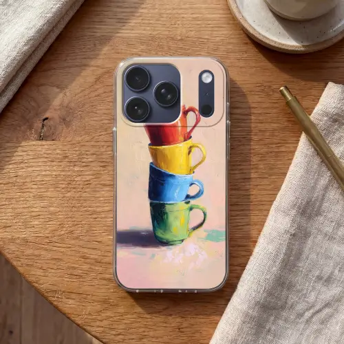 Mokken - Gestapeld - Keramiek - Kleurrijk Telefoonhoesje iPhone 17 Pro klein -sfeer1