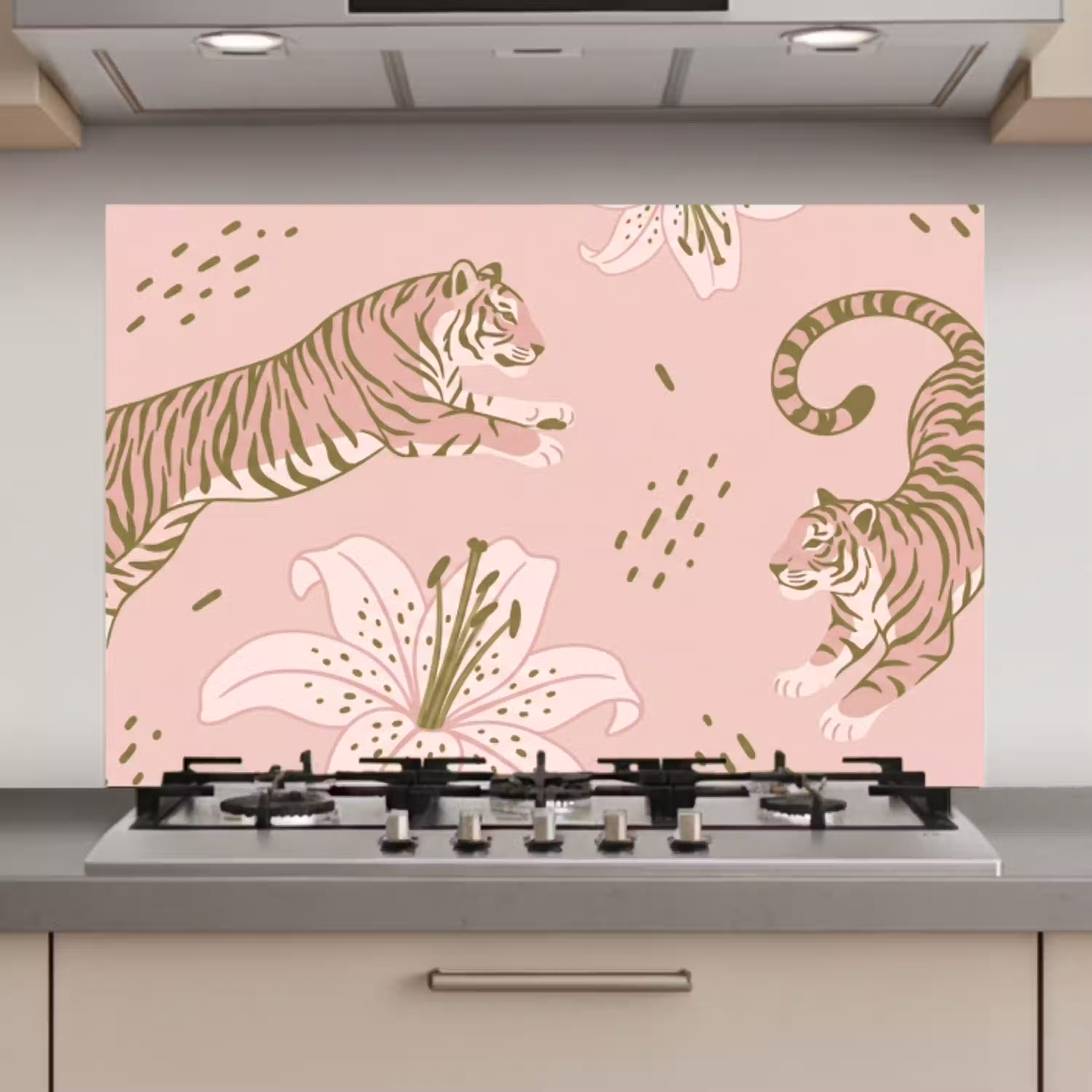 Kat - Springend - Bloemen - Abstract - Roze keuken achterwand spatscherm klein -3d_website