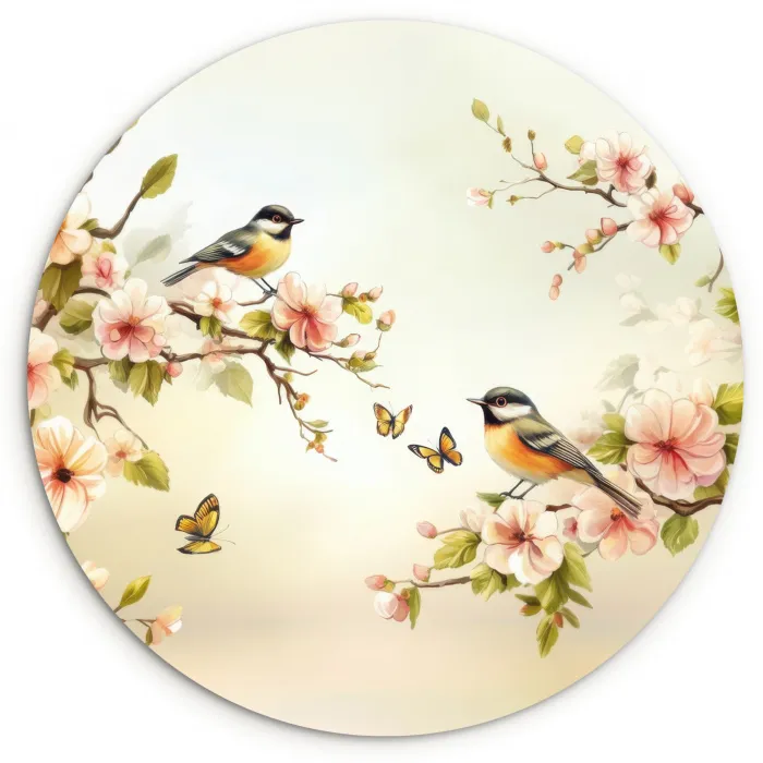 Takken - Bloemen - Vogeltjes - Roze Wandcirkel plexiglas klein -3d