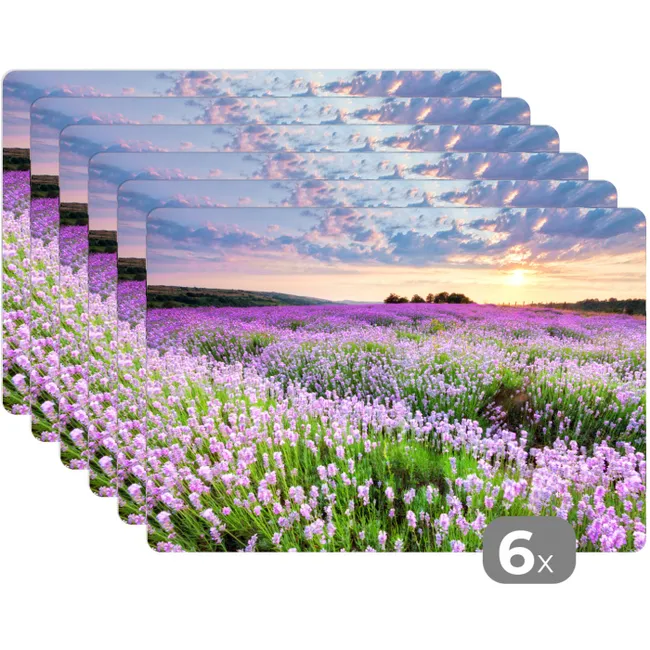 Placemat - 6 stuks - Lavendel - Bloemen - Zonsondergang - Paars - Weide