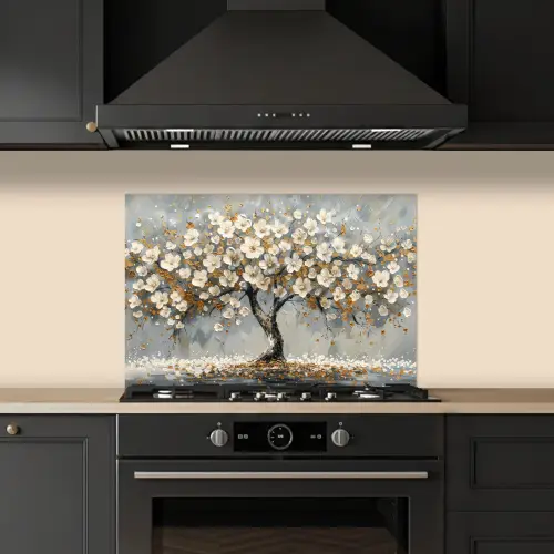 Boom - Bloemen - Wit - Natuur - Kunst keuken achterwand spatscherm klein -sfeer1