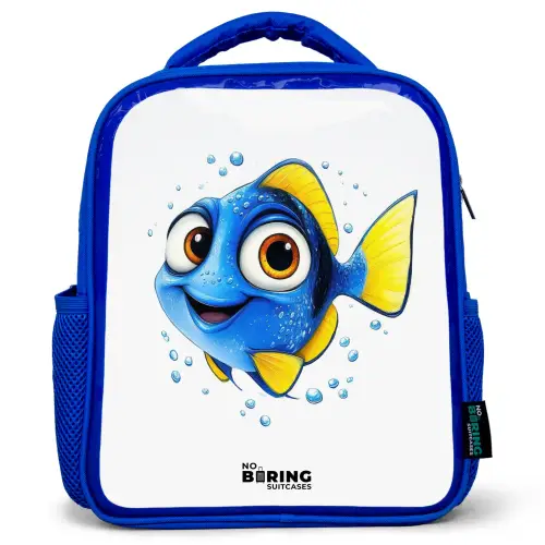 Blauwe vis met gele vinnen en vrolijke blik Kinderrugzak - Blauw middel -3d
