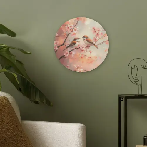 Vogels - Romantic - Bloesemtak Akoestische PET Vilt - Rond klein -sfeer2