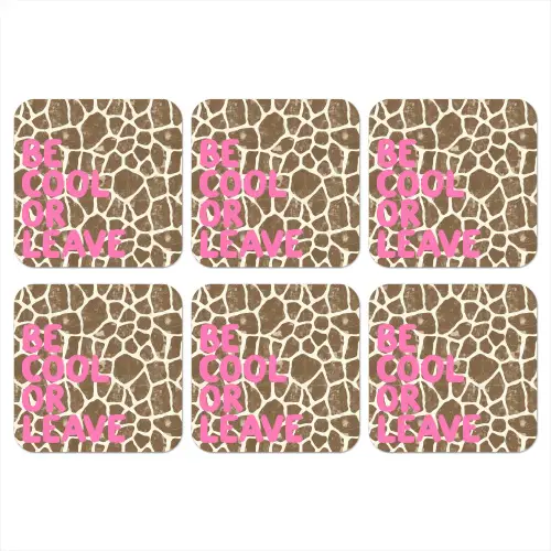 Tekst - Be cool or leave - Roze - Giraffenprint onderzetter kurk middel -3d