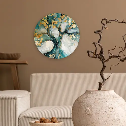Boom - Modern - Verflook - Turquoise - Goud Wandcirkel kunststof plaat 5mm dik klein -sfeer1
