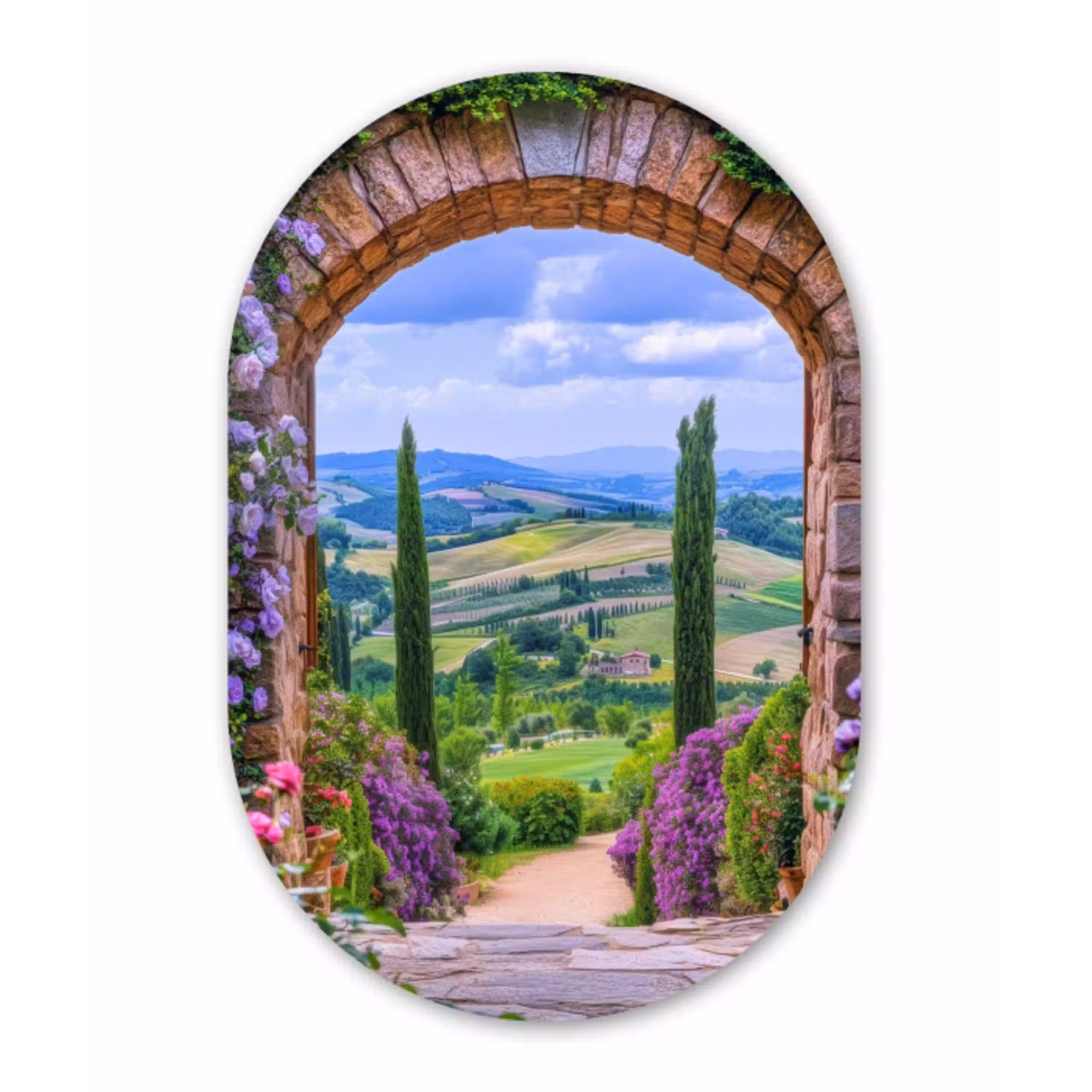 Doorkijk - Toscane - Landschap - Poort Wandcirkel Ovaal Aluminium middel -3d