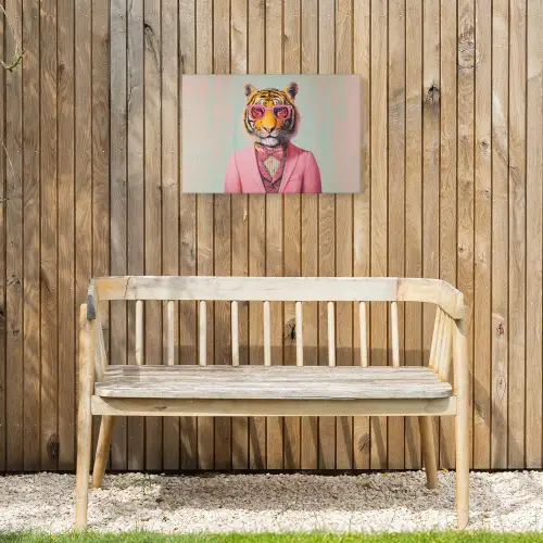 Tijger - Strik - Jasje - Roze Tuinposter op houten frame 2 cm dik klein -sfeer4