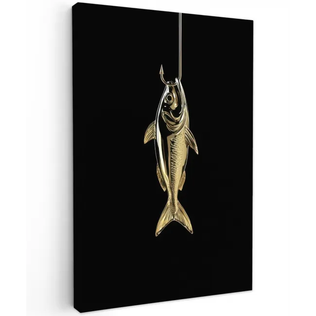 Goud - Vis - Haak - Zwart Tuinposter op houten frame 2 cm dik klein -3d