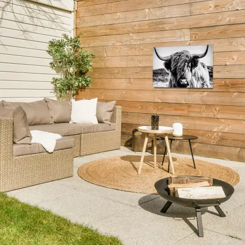 Koe - Schotse hooglander - Zwart - Wit - Dier - Natuur - Wild Tuinposter op houten frame 2 cm dik klein -sfeer2