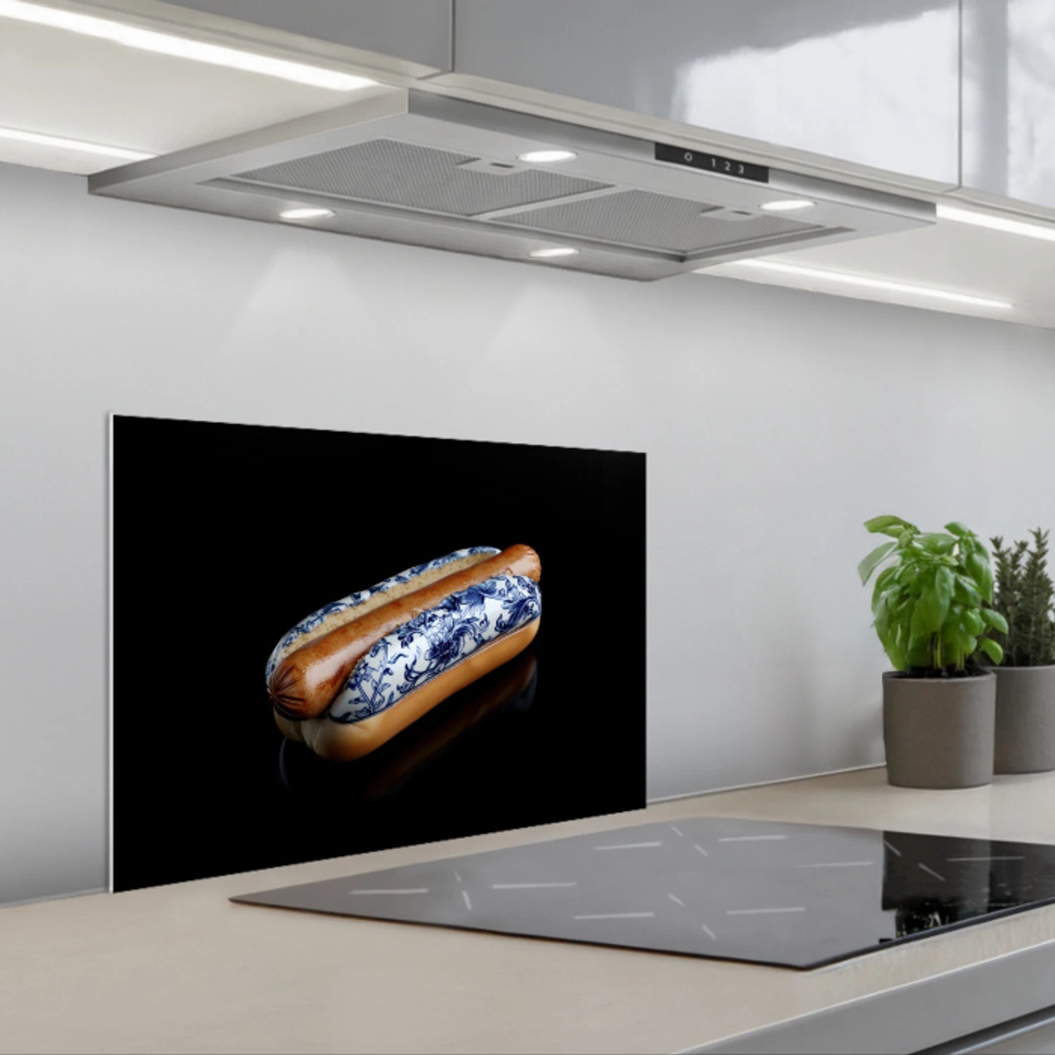 Hotdog - Porselein - Delfts blauw - Eten keuken achterwand spatscherm klein -3d_schuin