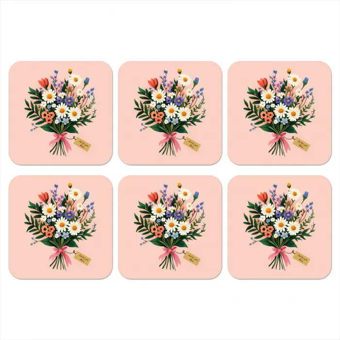 Margrieten - Boeket - Strikje - Roze onderzetter kurk middel -3d