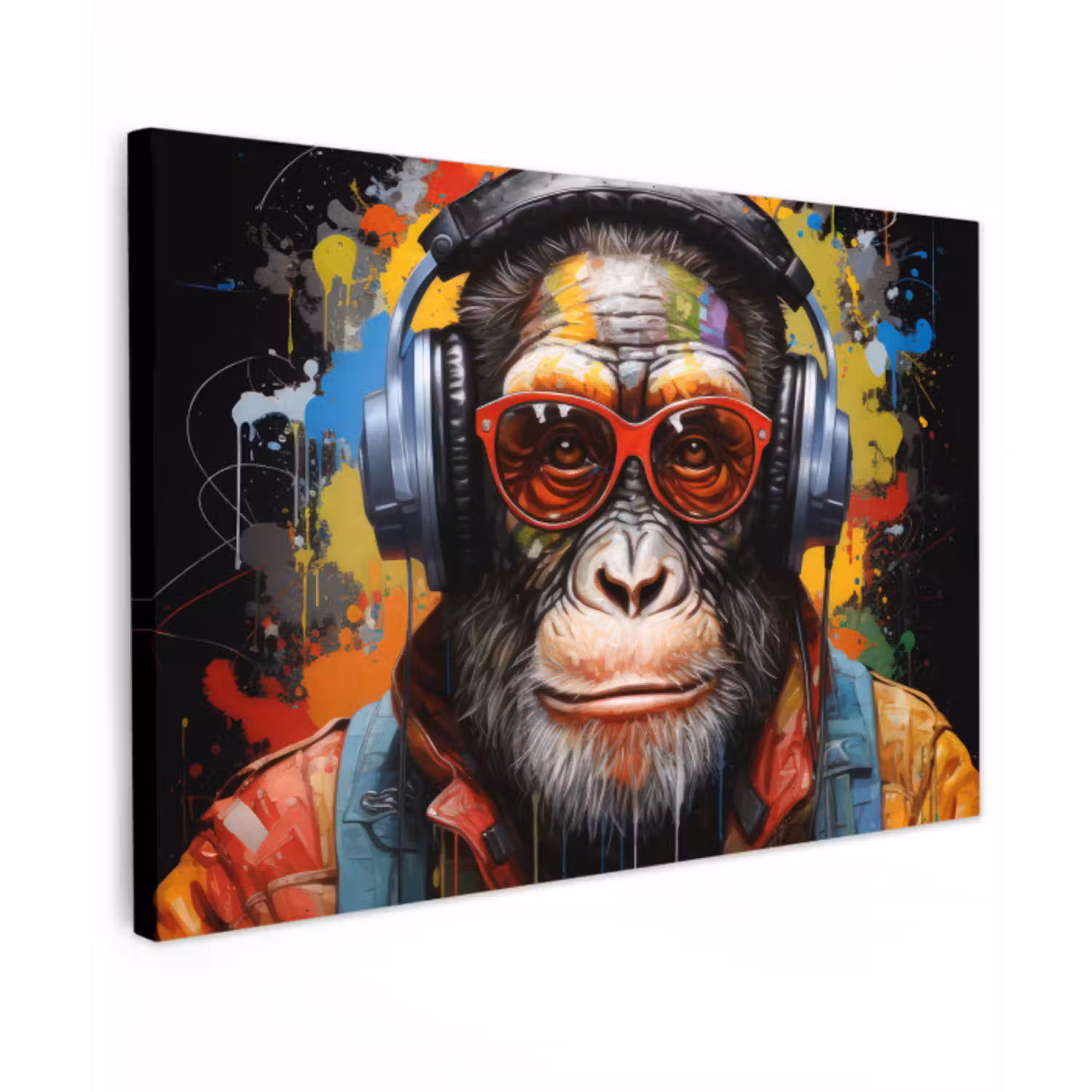 Chimpansee - Aap - dieren - Graffiti - Bril - Koptelefoon - Kleuren canvas 2cm klein -z3d