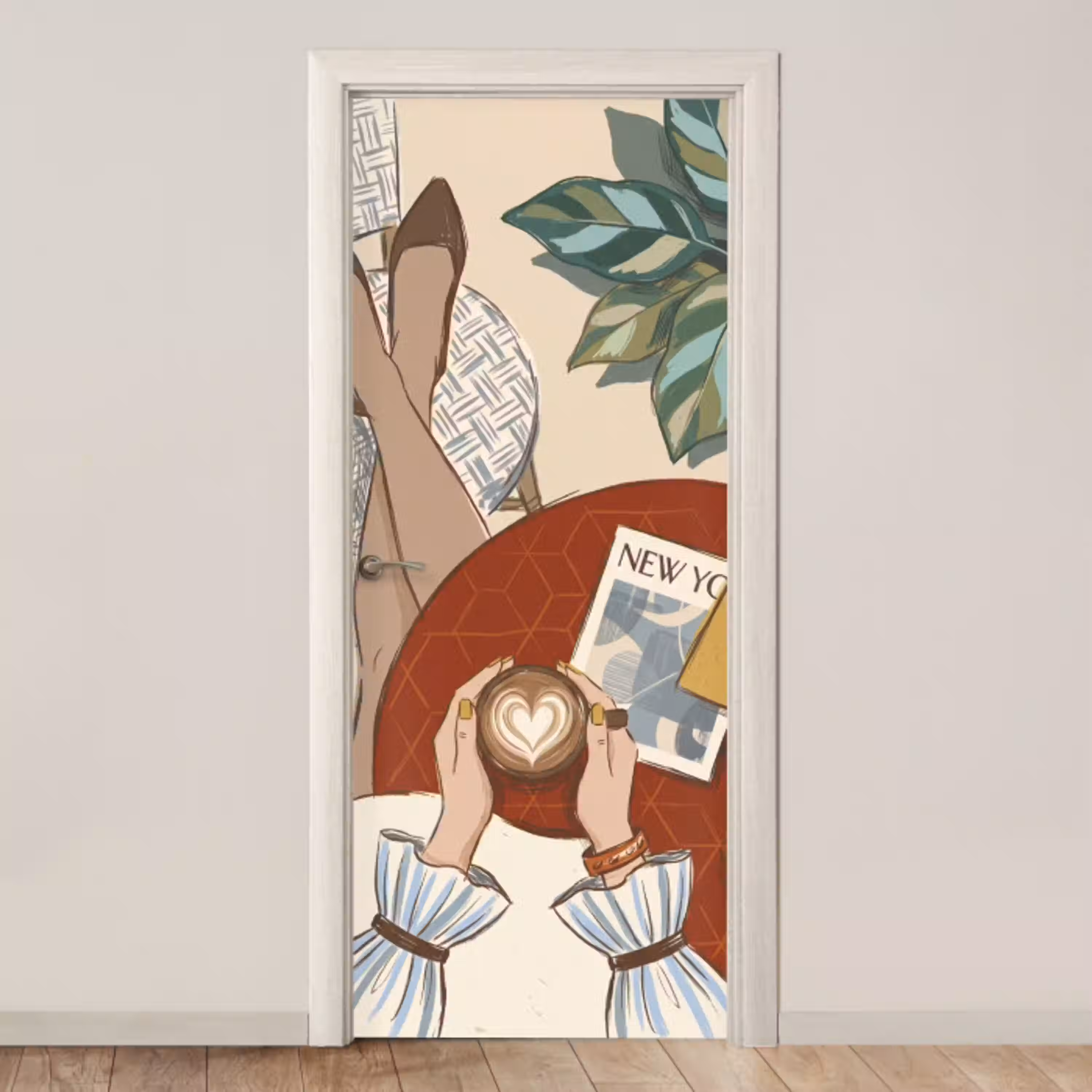 Mensen - Cafe - Koffie - Stadsleven - Modern deurposter klein -3d_beige
