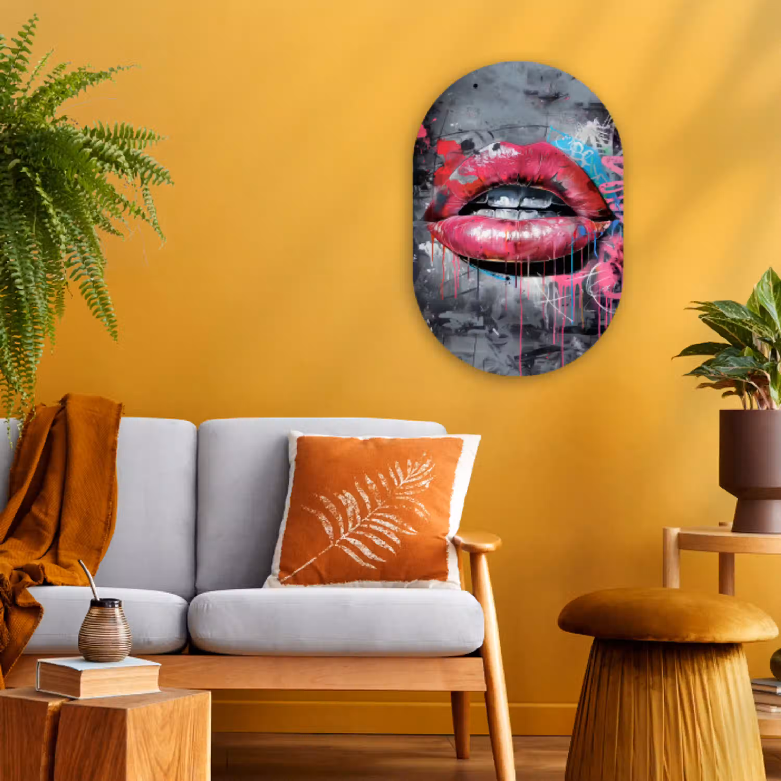 Lippen - Felroze - Graffiti - Verfstrepen Wandcirkel Ovaal Forex klein -sfeer4