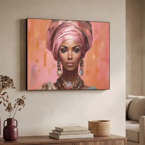Kunst - Vrouw - Roze - Sieraden - Portret Textielframe zwart klein -sfeer3