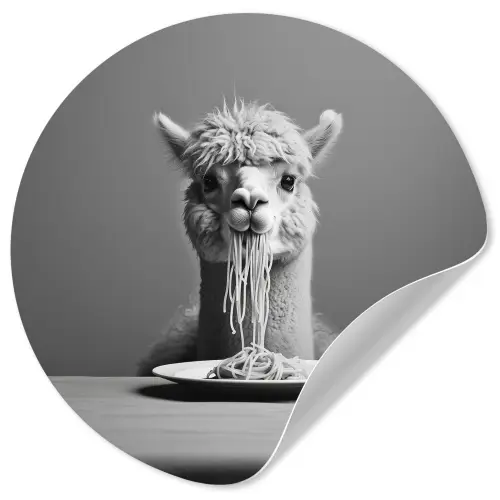 Alpaca - Pasta - Zwart - Wit - Grappig - Dieren Wandcirkel behangsticker klein -3d