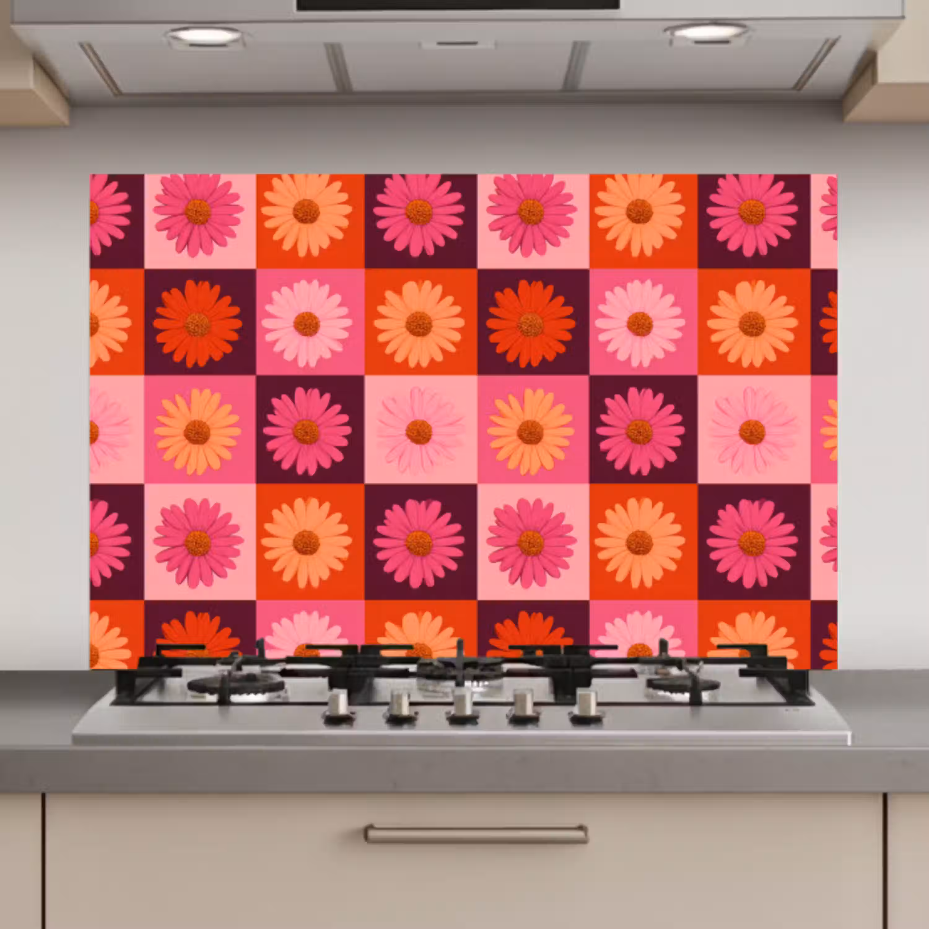 Madeliefjes - Dambord - Retro - Roze - Oranje keuken achterwand spatscherm klein 900 -3d_website